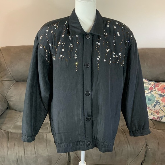VINTAGE Adam Douglass 100% silk 80’s 90’s oversized embellished black jacket L - Picture 3 of 13